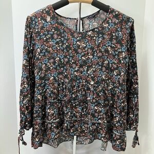 American Eagle Womens Black  Floral Boho Ruffle‎ Bottom Blouse Shirt Size XL